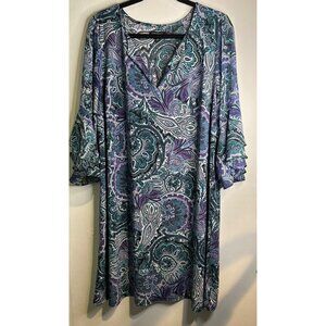 Roz & Ali Paisley Shift Plus SZ Dress 1X Boho Chic 3/4 Sleeve Flowy lightweight